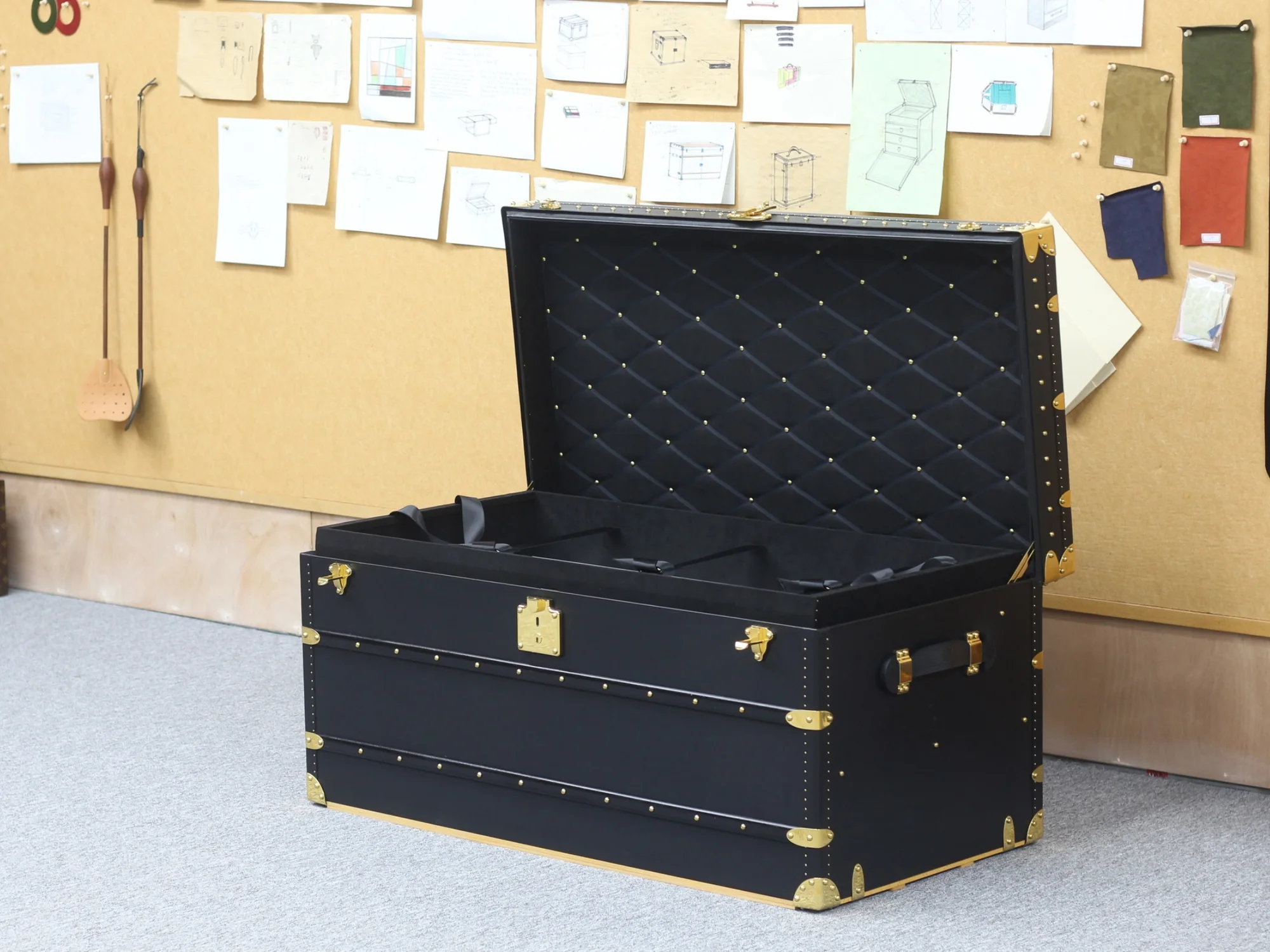 Black Collector's Trunk, open with quilted interior