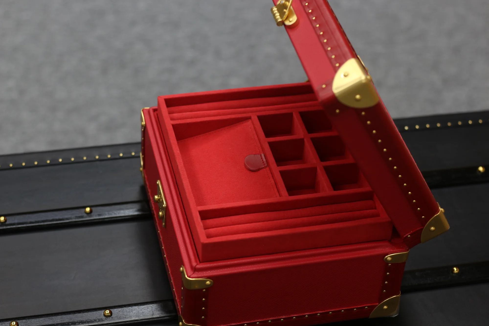 Scarlet Jewelry Case, open with lift-out tray