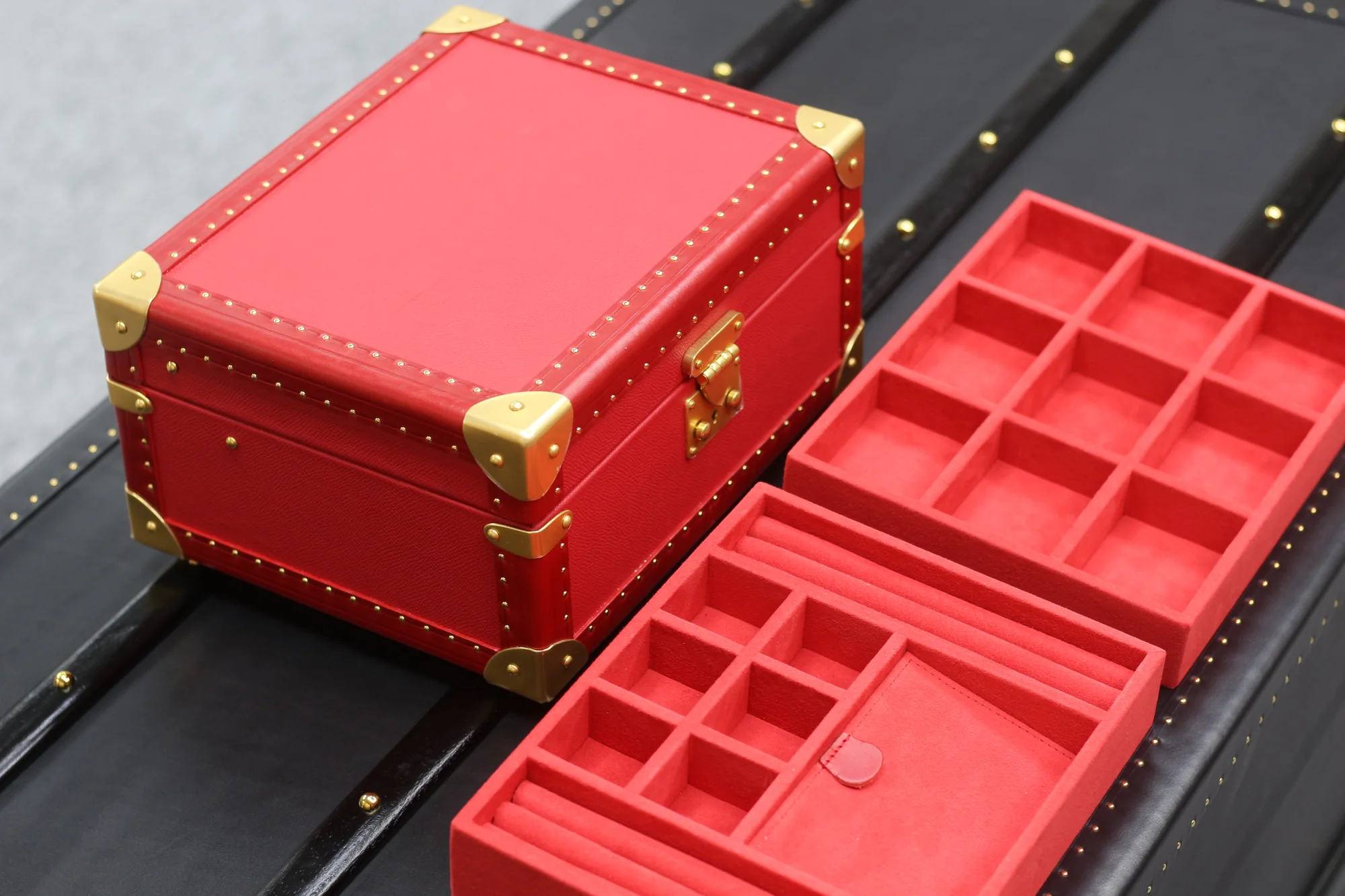 Scarlet Jewelry Case with both removable trays displayed