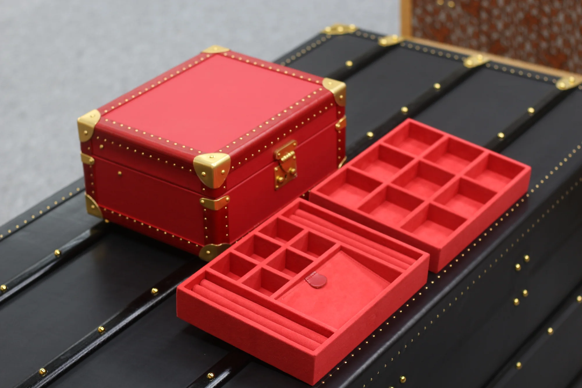 Scarlet Jewelry Case with removable trays beside the closed case
