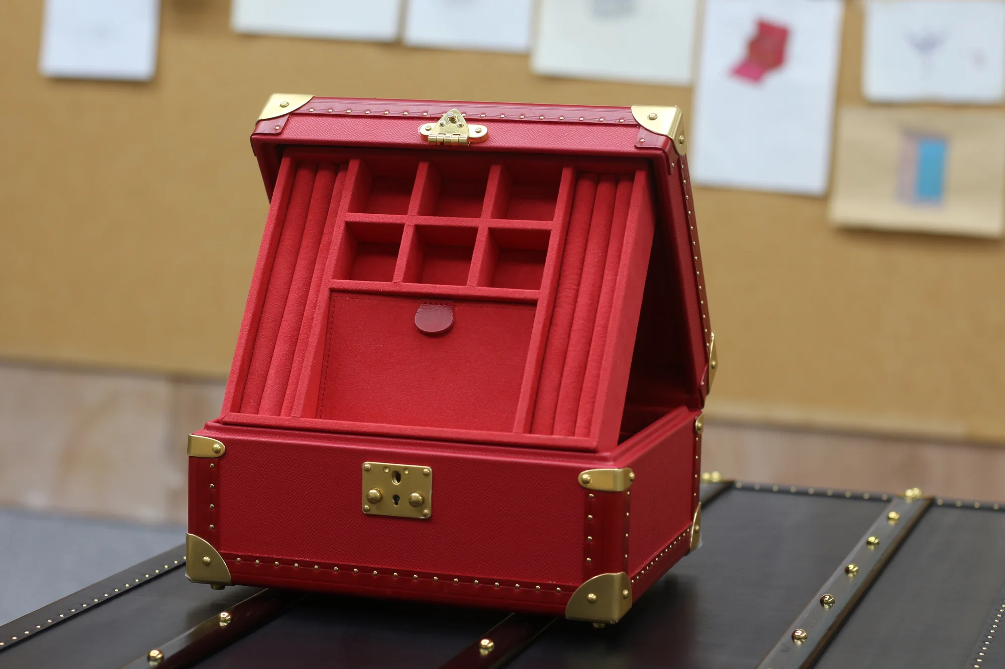 Scarlet Jewelry Case, open front view of fitted compartments