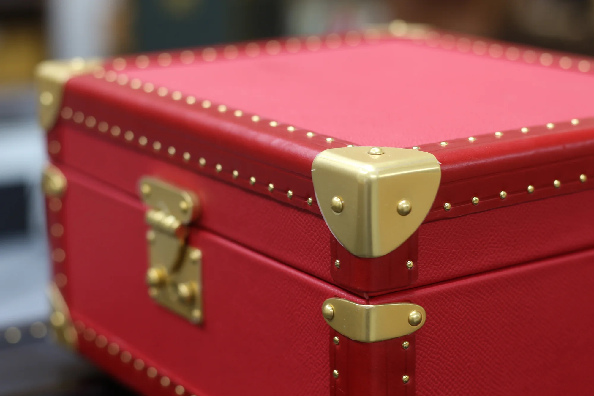 Scarlet Jewelry Case, gold-tone corner and edge detail