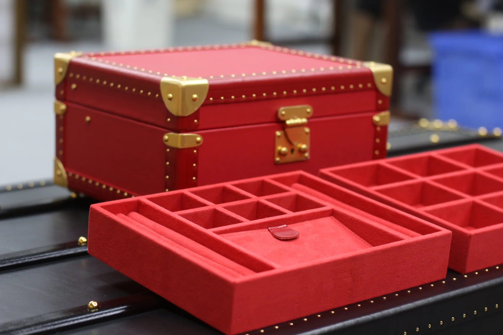 Scarlet Jewelry Case with fitted trays arranged in front