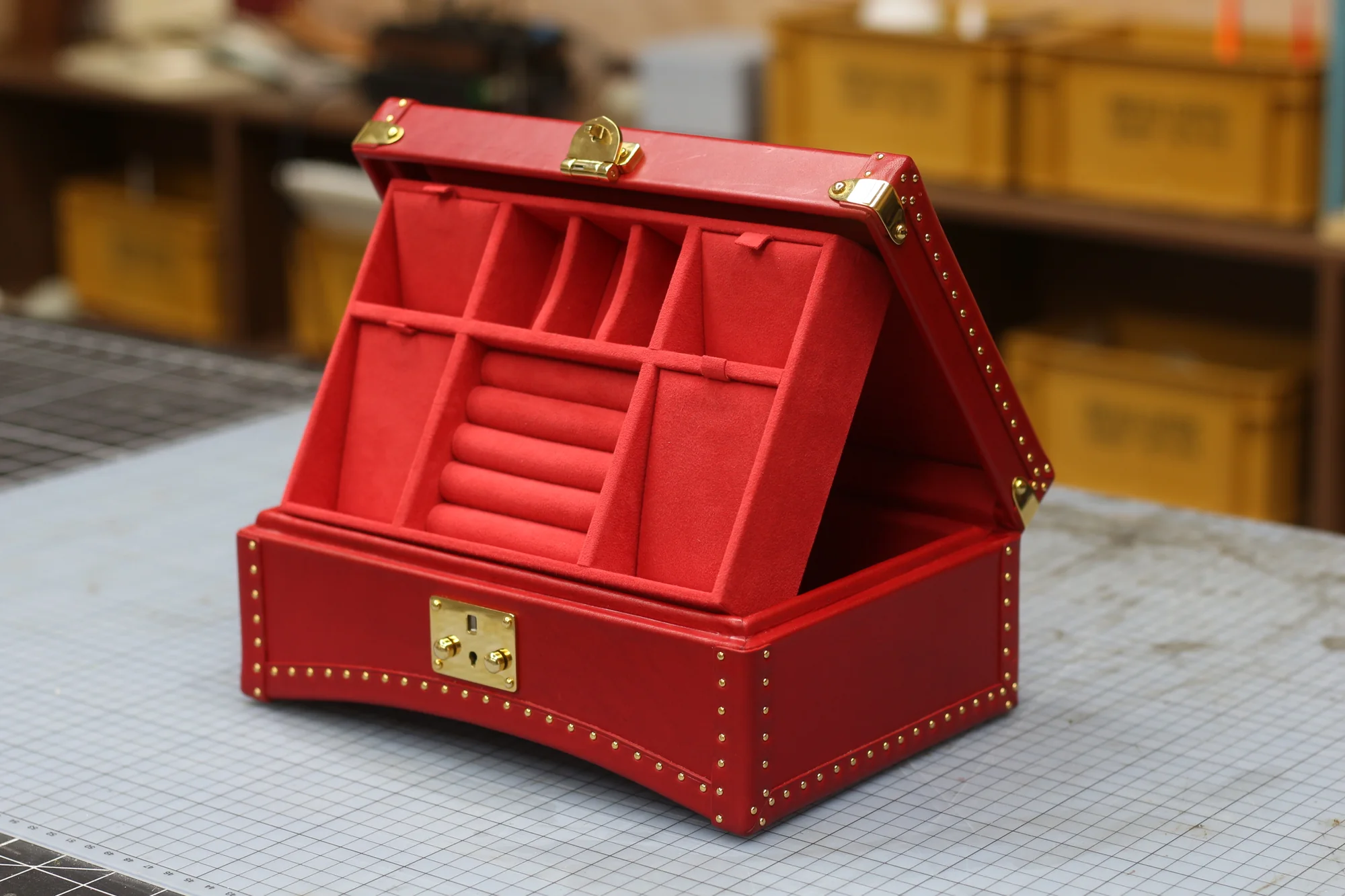 Scarlet Jewelry Chest, open three-quarter view