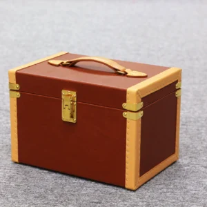 Brown full-grain leather storage case with brass lock